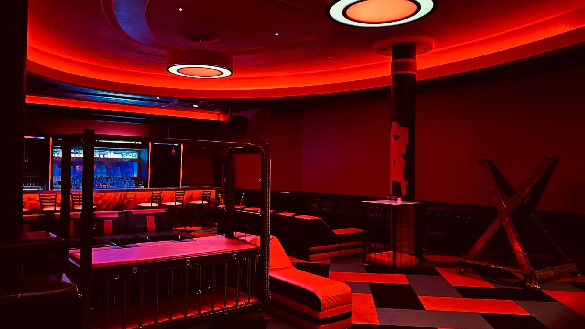 Main bar and play area under signature red glow
